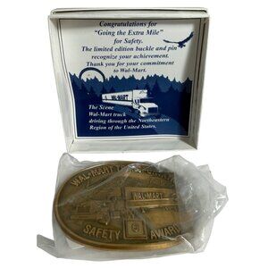 Vintage Wal-Mart Transportation Safety Award Belt Buckle Solid Brass w/ Box